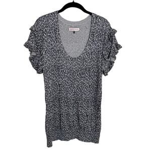 Rebecca Taylor Gray Cashmere Blend  Leopard Print Short Ruffle Sleeve Sweater M